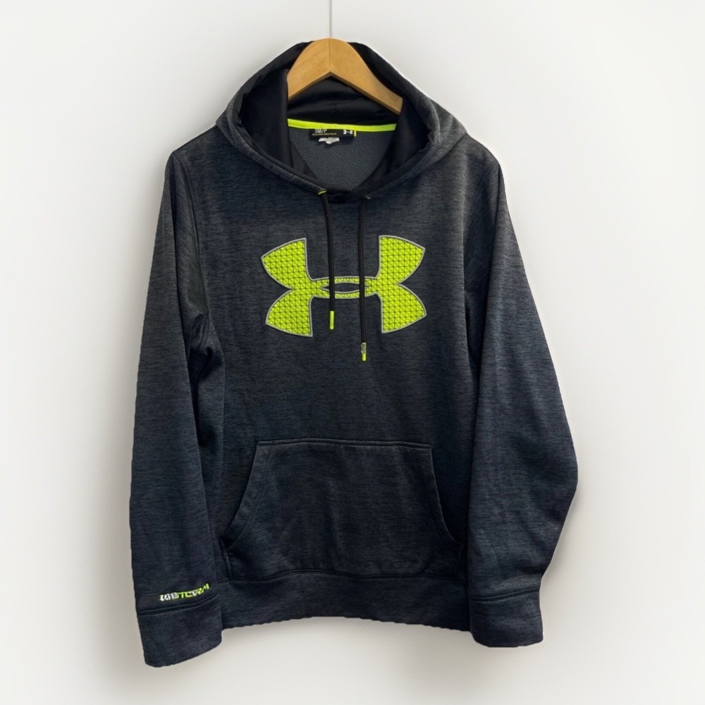 Under Armour Sweatshirt Men's Size S Grey Neon Logo Hoodie Fleece Pullover Storm